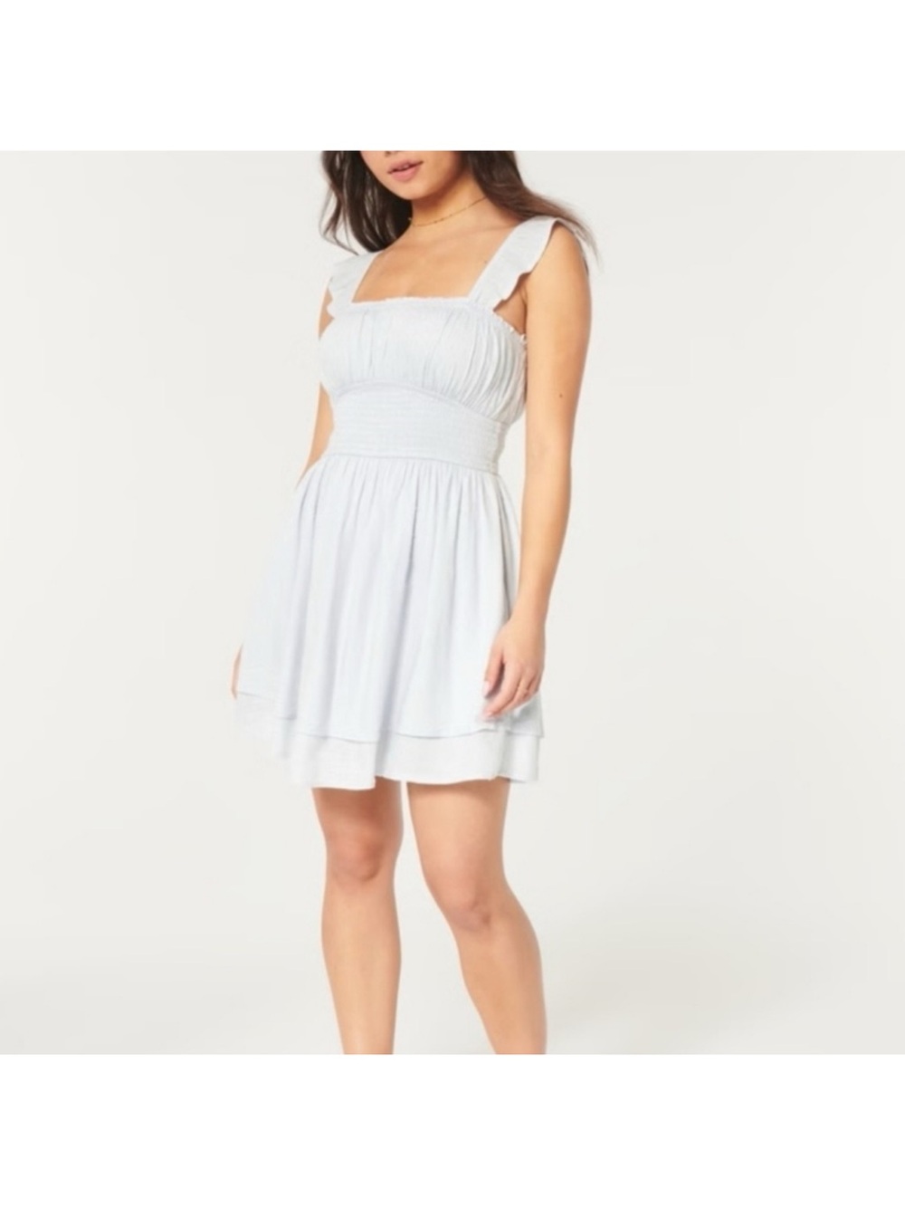 Hollister Pale Blue Square-Neck Smocked Mini Dress